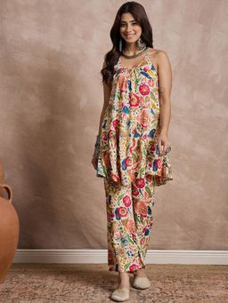 InWeave - Cream Peach Motif Halter Strap Kurta with Pant