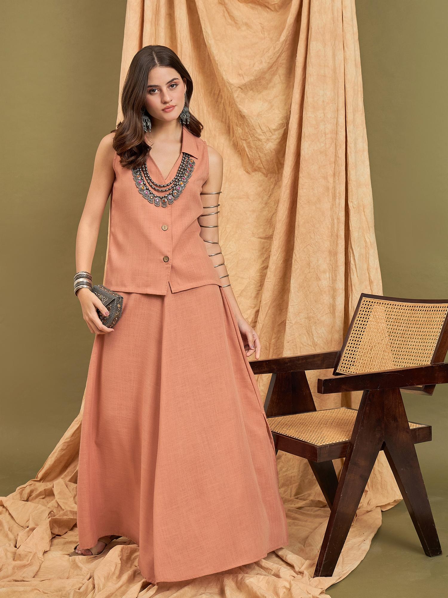 Rust Linen Shirt with Skirt-image-3