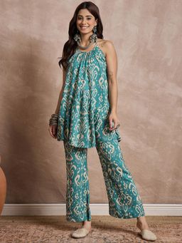 InWeave - Teal Damask Print Halter Strap Kurta with Pant