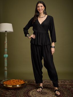 InWeave - Black Solid V-Neck Co-Ord Set