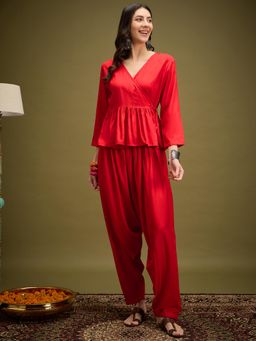 InWeave - Red Solid V-Neck Co-Ord Set