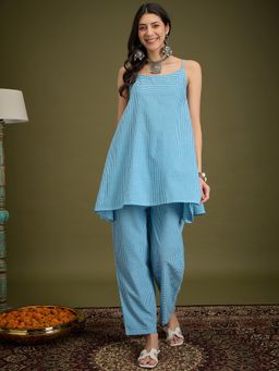 InWeave - Cyan Blue Small Checks Strappy Kurta with Pant