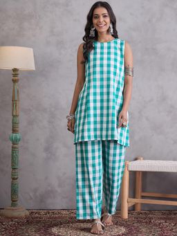 InWeave - Light Blue Big Checks Round Neck Kurta with Pant