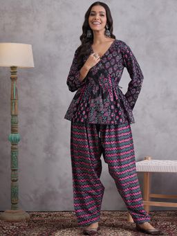 InWeave - Black Pink Printed Angrakha Top with Dhoti