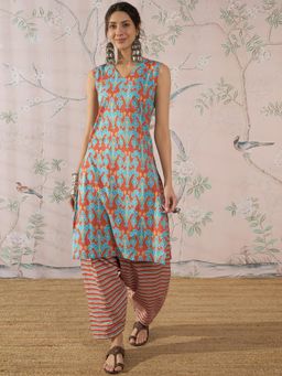 InWeave - Cyan Orange V-Neck Kurta with Salwar