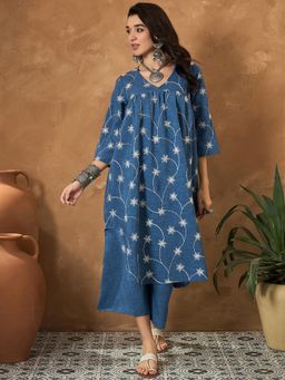 InWeave - Blue Embroidered V Neck Flared Kurta with Palazzo