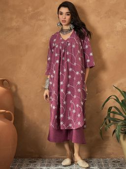 InWeave - Mauve Embroidered V Neck Flared Kurta with Palazzo