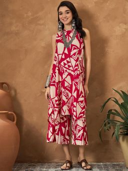 InWeave - Pink Leaf Motif R Neck Kurta with Palazzo