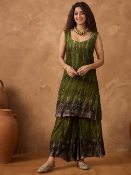 InWeave - Mehandi Green Tie & Dye Sweetheart Kurta with Pant