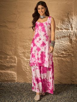 InWeave - Pink White Tie & Dye Sweetheart Kurta with Palazzo