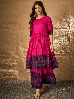 InWeave - Fuchsia Pink Tie & Dye Anarkali Kurta with Palazzo