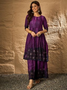 InWeave - Dark Purple Tie & Dye Anarkali Kurta with Palazzo