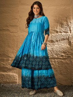 InWeave - Cyan Blue Tie & Dye Anarkali Kurta with Palazzo