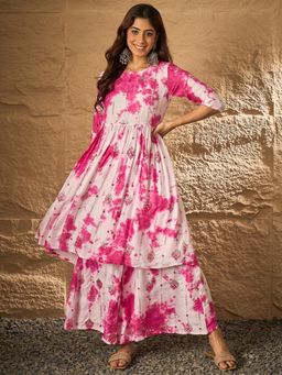 InWeave - Pink White Tie & Dye Anarkali Kurta with Palazzo