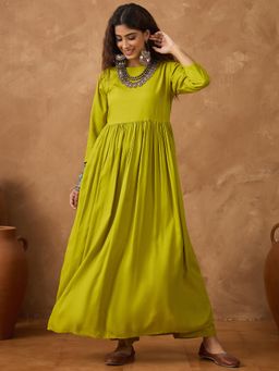InWeave - Lemon Yellow Round Neck Anarkali Kurta with Pant