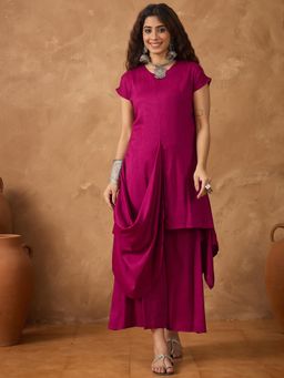 InWeave - Jam Pink Two Tone Round Neck Cowl Kurta with Palazzo