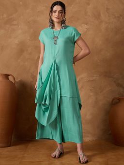 InWeave - Seafoam Two Tone Round Neck Cowl Kurta with Palazzo