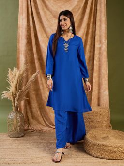 InWeave - Ink Blue V Neck Long Sleeve Kurta with Palazzo