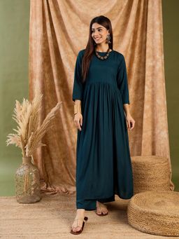 InWeave - Dark Green Round Neck Anarkali Kurta with Pant