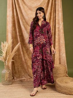 InWeave - Dark Wine Beige Mandarin Neck Kurta with Palazzo