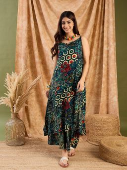 InWeave - Dark Teal Foil Print Strappy Kurta with Palazzo