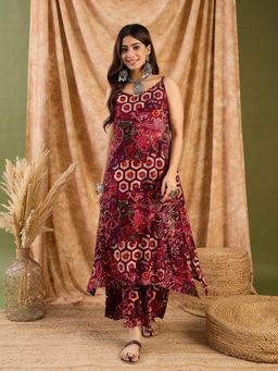 InWeave - Dark Wine Beige Foil Print Strappy Kurta with Palazzo