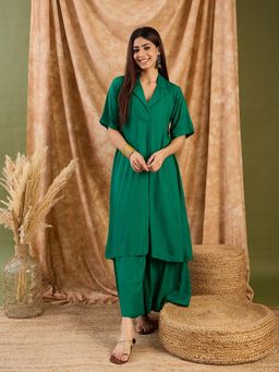InWeave - Forest Green Collar Neck Kurta with Palazzo
