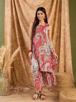 InWeave - Red Paisley Round Neck Kurta with Palazzo