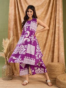 InWeave - Purple Print Round Neck Kurta with Palazzo