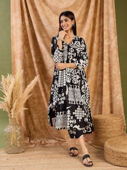 InWeave - Black White Print V Neck Kurta with Palazzo