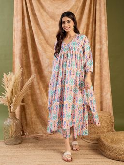 InWeave - Peach Blue Ikkat V Neck Kurta with Palazzo