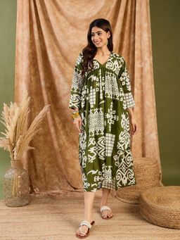 InWeave - Olive V Neck Kurta with Palazzo