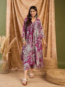 InWeave - Wine Paisley V Neck Kurta with Palazzo