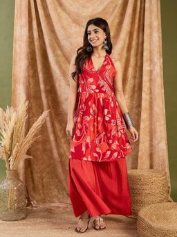 InWeave - Red Leaf Flower Backless Kurta with Palazzo