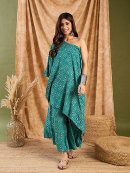 InWeave - Sea Green Bandhej One Shoulder Kurta and Palazzo