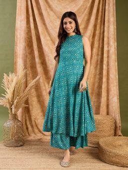 InWeave - Sea Green Bandhej Boho Sleeveless Kurta and Palazzo