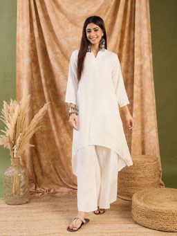 InWeave - White Mandarin Neck Kurta and Palazzo