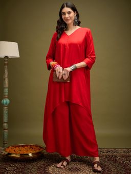 InWeave - Red Piping Neck High Low Kurta and Palazzo