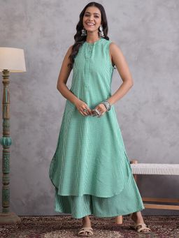 InWeave - Green Small Checks Button Kurta and Palazzo