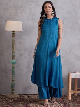InWeave - Peacock Blue Halter Button Kurta and Palazzo