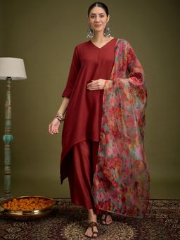 InWeave - Maroon Piping Neck Kurta with Palazzo & Dupatta