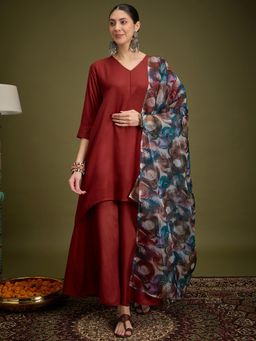 InWeave - Maroon Piping Neck Dark Swril Kurta with Palazzo & Dupatta
