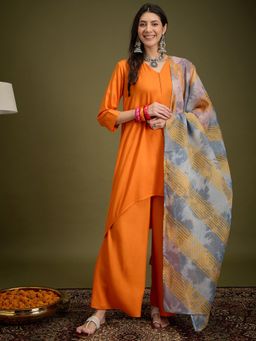 InWeave - Orange Piping Neck Kota Kurta with Palazzo & Dupatta