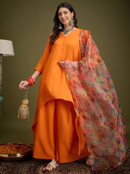 InWeave - Orange Piping Neck Kurta with Palazzo & Dupatta