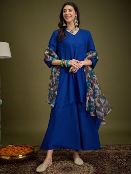 InWeave - Ink blue Piping Neck Dark Swril Kurta with Palazzo & Dupatta
