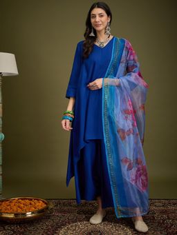 InWeave - Inkblue Piping Neck Blue Kurta with Palazzo & Dupatta