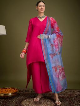 InWeave - Fuchsia Piping Neck Kurta with Palazzo & Dupatta