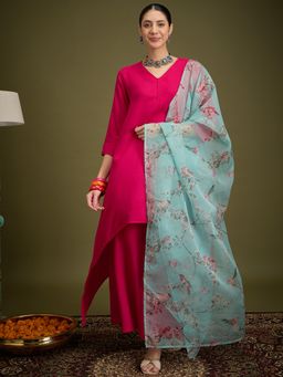 InWeave - Fuchsia Piping Neck Bird Kurta with Palazzo & Dupatta