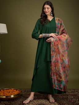 InWeave - Green Piping Neck Kurta & Palazzo with Dupatta