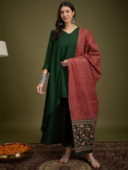 InWeave - Green Piping Neck Kurta & Dupatta with Palazzo